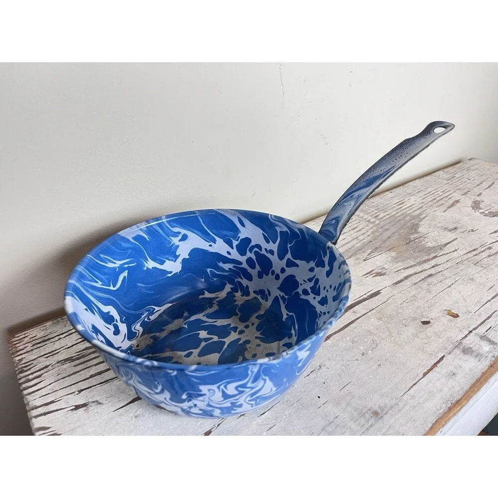 Vintage Primitive Blue Slatterware Enamelware Saucepan W/Handle Rustic Home